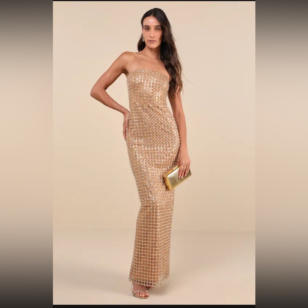 Lulu's Shimmering Gold Strapless Dress